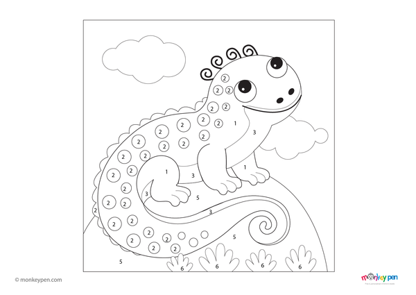 Color-by-number worksheet of a lizard crawling on the ground – free download to color reptile, textured skin, and outdoor background.