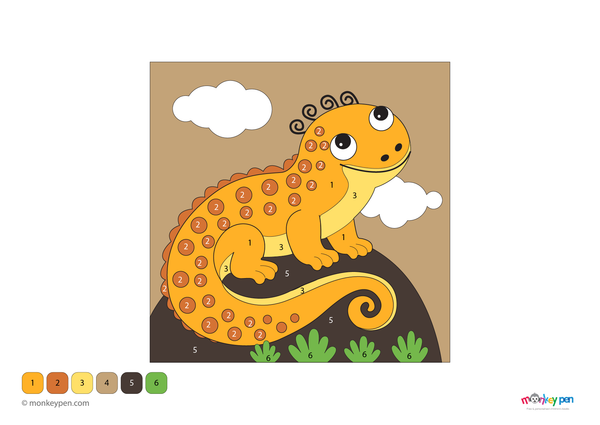 Color-by-number worksheet of a lizard crawling on the ground – free download to color reptile, textured skin, and outdoor background.