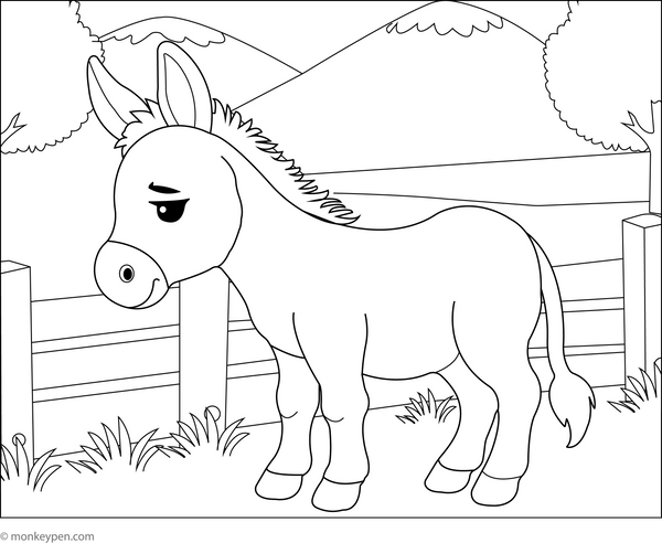 Donkey by a Fence coloring page – free printable for kids to color and enjoy