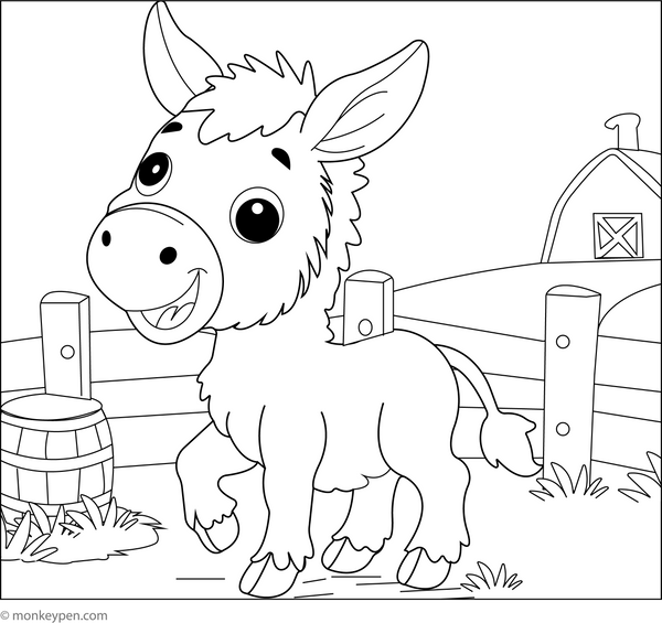 Happy Donkey in a Farmyard coloring page – free printable for kids to color and enjoy