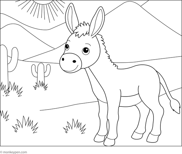 Donkey in a Desert Scene coloring page – free printable for kids to color and enjoy