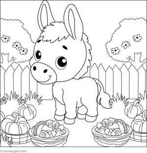 Donkey in a Vegetable Garden coloring page – free printable for kids to color and enjoy