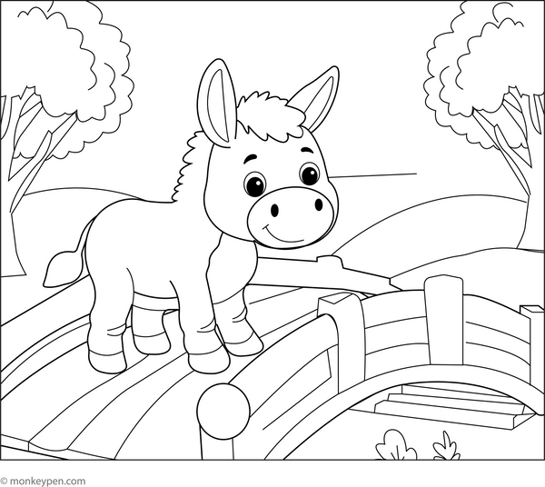 Donkey and a Wooden Bridge coloring page – free printable for kids to color and enjoy