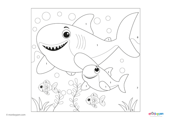 Downloadable color-by-number worksheet of a prehistoric megalodon shark swimming in the ocean, with numbered areas for body, fins, and underwater background.