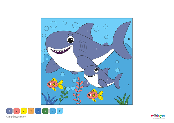 Downloadable color-by-number worksheet of a prehistoric megalodon shark swimming in the ocean, with numbered areas for body, fins, and underwater background.