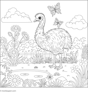 Emu in a Garden coloring page – free printable for kids to color and enjoy
