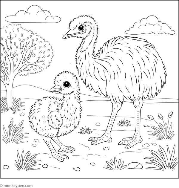 Baby Emu and Parent coloring page – free printable for kids to color and enjoy