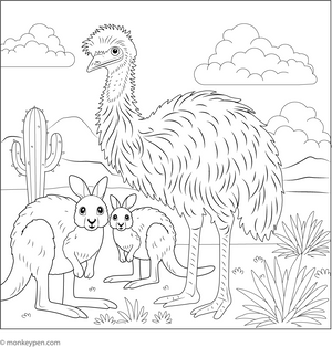 Emu with Kangaroos coloring page – free printable for kids to color and enjoy