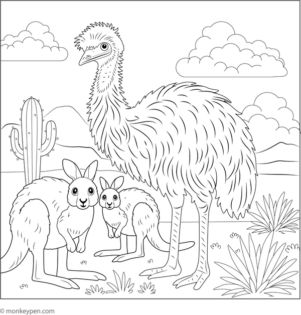 Emu with Kangaroos coloring page – free printable for kids to color and enjoy