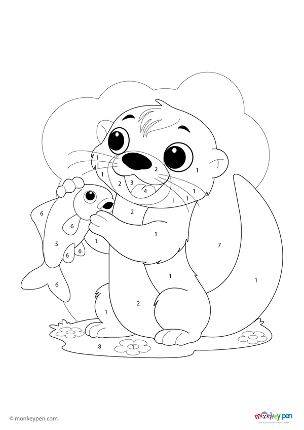 Color-by-number worksheet of a happy otter near a river – free download to color fur, water, and natural background.