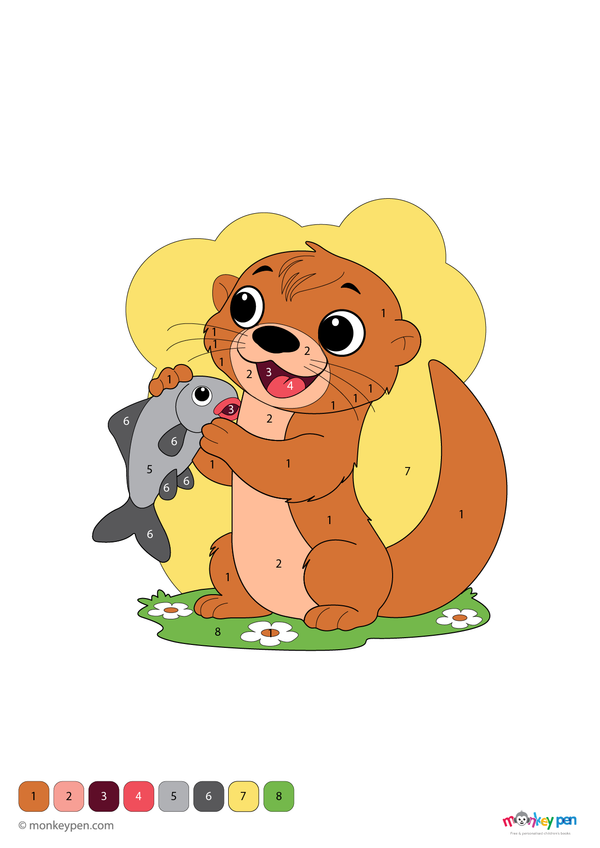Color-by-number worksheet of a happy otter near a river – free download to color fur, water, and natural background.