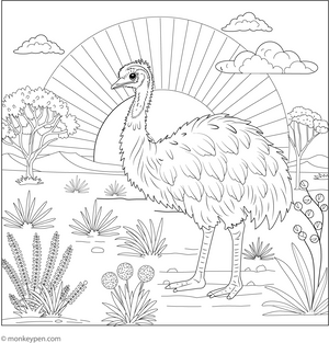 Emu at Sunrise coloring page – free printable for kids to color and enjoy