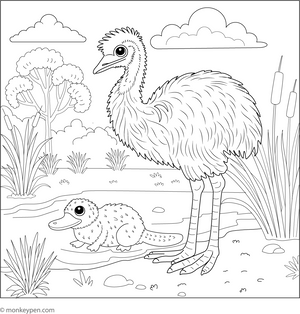 Emu and a Platypus coloring page – free printable for kids to color and enjoy