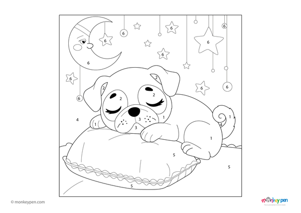 Downloadable color-by-number worksheet of a resting pug peacefully sleeping, with numbered areas for fur, facial features, and background.