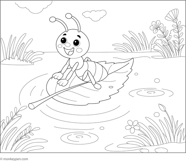 Ant and the Floating Leaf Ride Coloring Page
