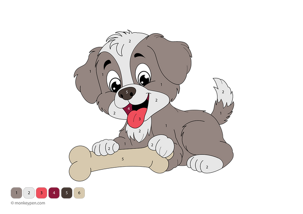 Free downloadable color-by-number PDF featuring a playful puppy holding a bone—great for children to practice number recognition and enjoy pet-themed creative learning.