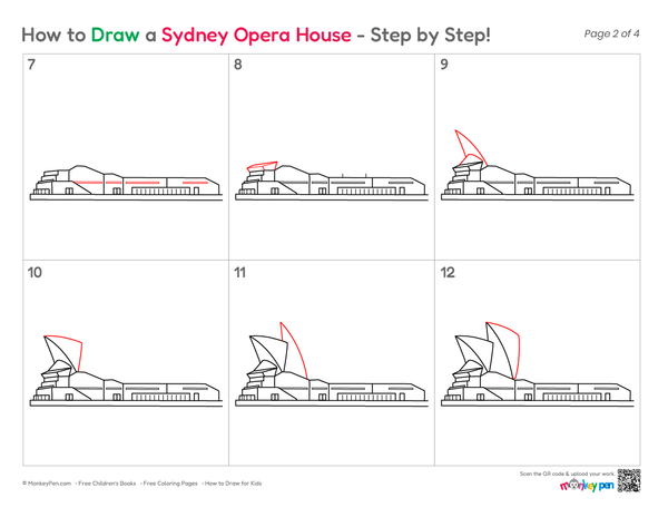 Step-by-step Sydney Opera House sketch for classroom art and colouring activities.