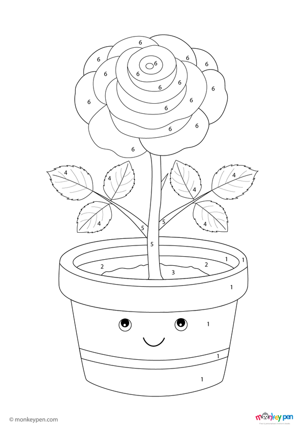 Color-by-number worksheet of a rose in bloom – free download to color petals, leaves, and garden background.