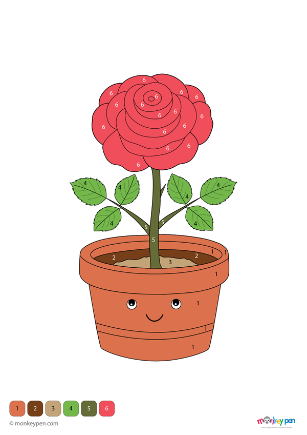 Color-by-number worksheet of a rose in bloom – free download to color petals, leaves, and garden background.