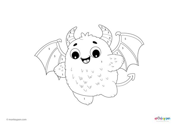 Downloadable color-by-number worksheet of a friendly cartoon monster, with numbered areas for body, facial features, and background.
