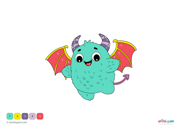 Downloadable color-by-number worksheet of a friendly cartoon monster, with numbered areas for body, facial features, and background.