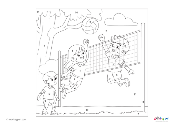 Color-by-number worksheet of kids enjoying a volleyball game – free download to color players, ball, and sports scene.