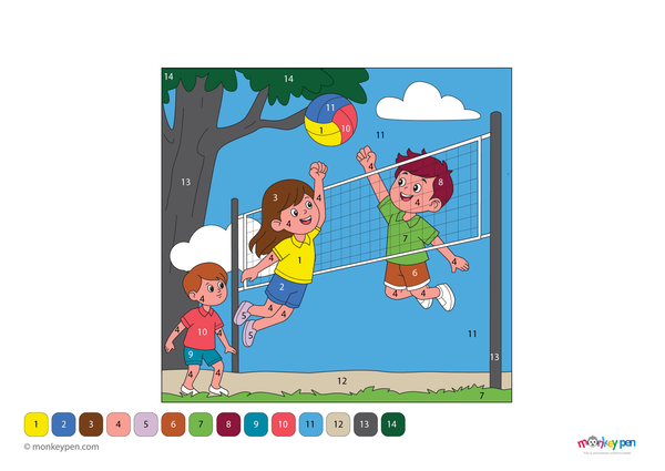Color-by-number worksheet of kids enjoying a volleyball game – free download to color players, ball, and sports scene.
