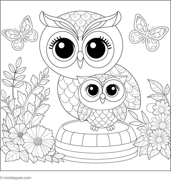 Baby Owl and Mama Owl coloring page – free printable for kids to color and enjoy