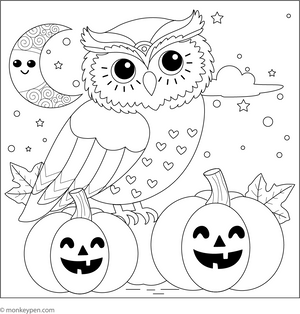 Owl and a Pumpkin Patch coloring page – free printable for kids to color and enjoy