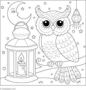 Owl and a Lantern coloring page – free printable for kids to color and enjoy