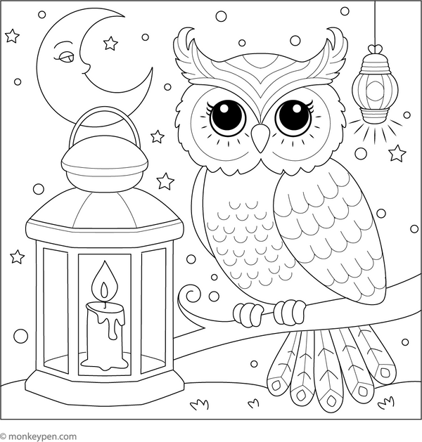 Owl and a Lantern coloring page – free printable for kids to color and enjoy