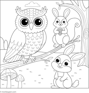 Owl with Forest Friends coloring page – free printable for kids to color and enjoy