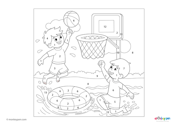 Downloadable color-by-number worksheet of a basketball and hoop in a water play scene, with numbered areas for ball, hoop, and splashing water.