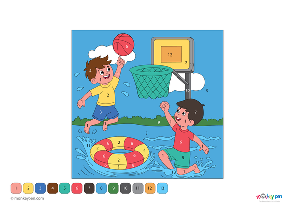 Downloadable color-by-number worksheet of a basketball and hoop in a water play scene, with numbered areas for ball, hoop, and splashing water.