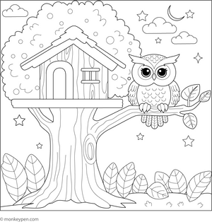 Owls and a Treehouse coloring page – free printable for kids to color and enjoy