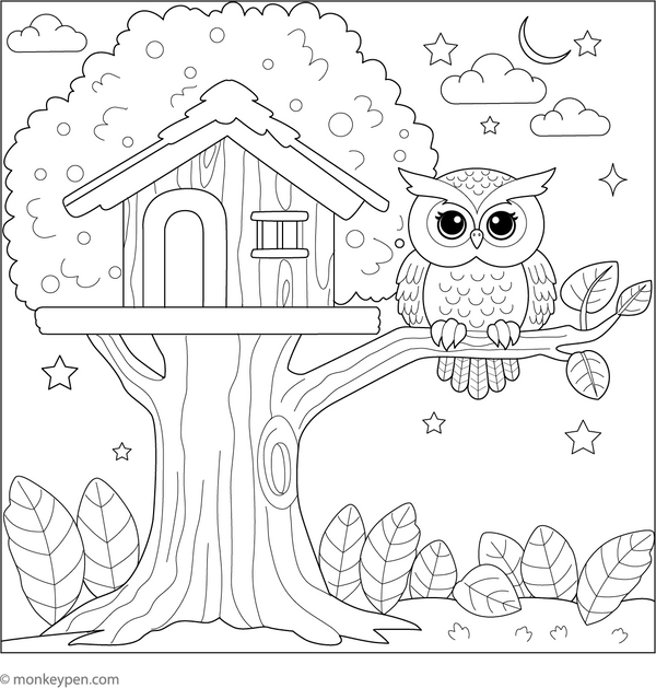 Owls and a Treehouse coloring page – free printable for kids to color and enjoy