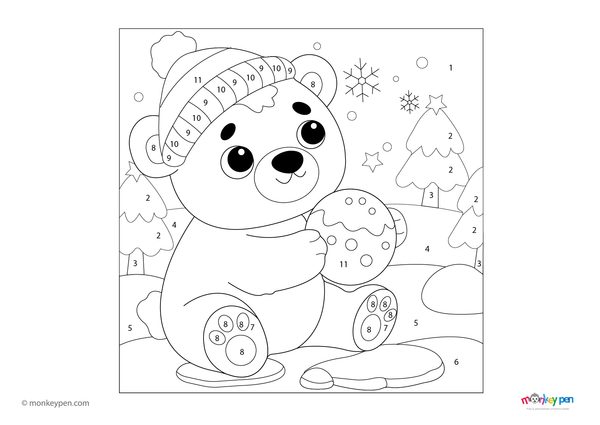 Downloadable color-by-number worksheet of a polar bear playing in a snowy landscape, with numbered areas for fur, snow, and arctic background.
