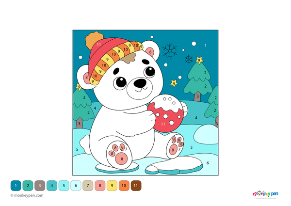 Downloadable color-by-number worksheet of a polar bear playing in a snowy landscape, with numbered areas for fur, snow, and arctic background.