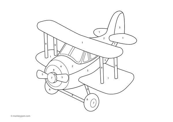 Color by number page depicting a cartoon airplane bowing in the sky, with numbered sections for coloring the plane, wings, and clouds.
