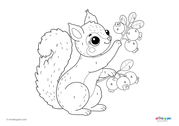 Color by number worksheet showing a squirrel holding an acorn among trees, with numbered sections for coloring the animal and background.