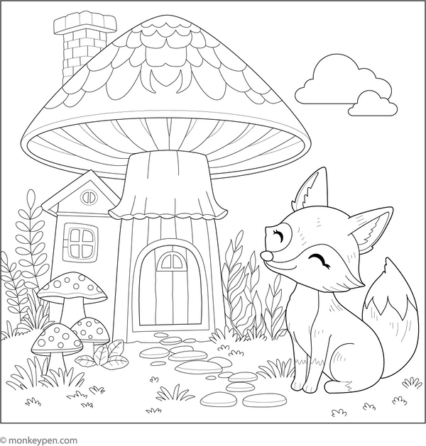 Fox and a Mushroom House coloring page – free printable for kids to color and enjoy