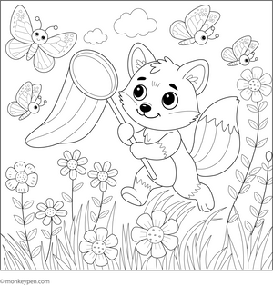 Fox and a Butterfly Net coloring page – free printable for kids to color and enjoy