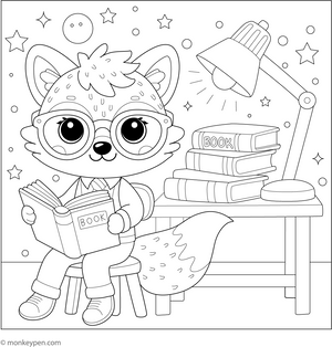 Fox and a Stack of Books coloring page – free printable for kids to color and enjoy