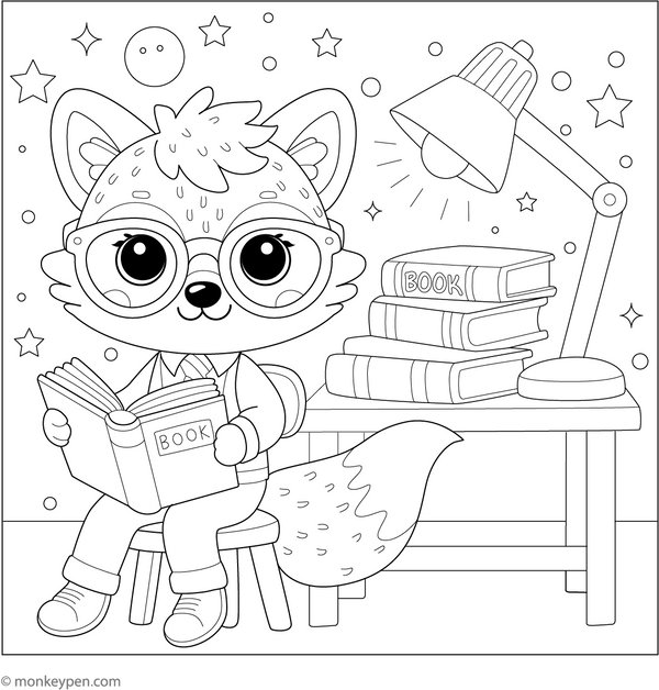 Fox and a Stack of Books coloring page – free printable for kids to color and enjoy