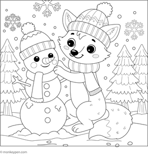 Fox and a Snowman coloring page – free printable for kids to color and enjoy