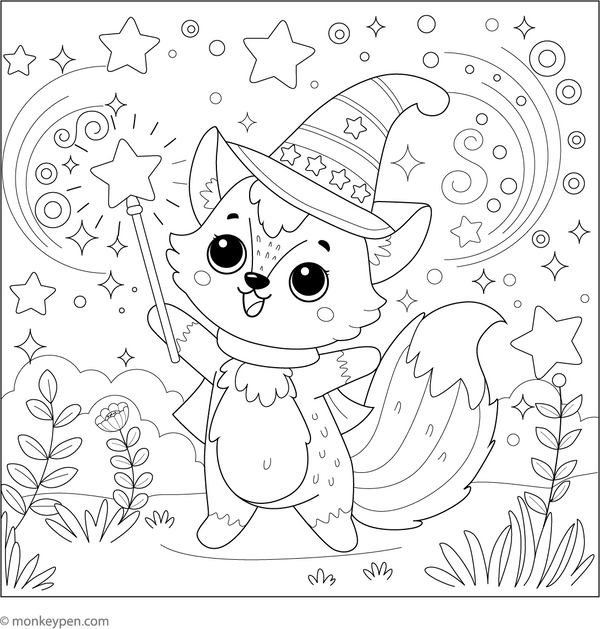 Fox and a Magic Wand coloring page – free printable for kids to color and enjoy