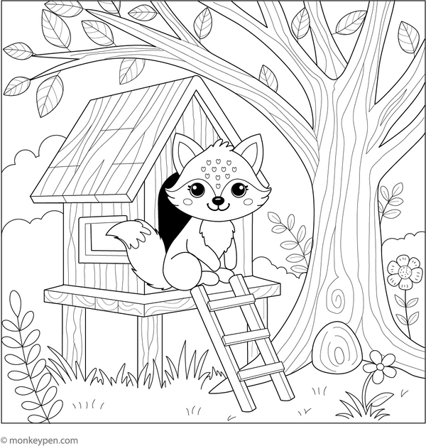 Fox in a Treehouse coloring page – free printable for kids to color and enjoy