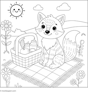 Fox with a Picnic Basket coloring page – free printable for kids to color and enjoy