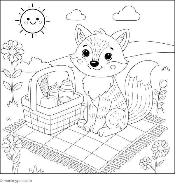 Fox with a Picnic Basket coloring page – free printable for kids to color and enjoy