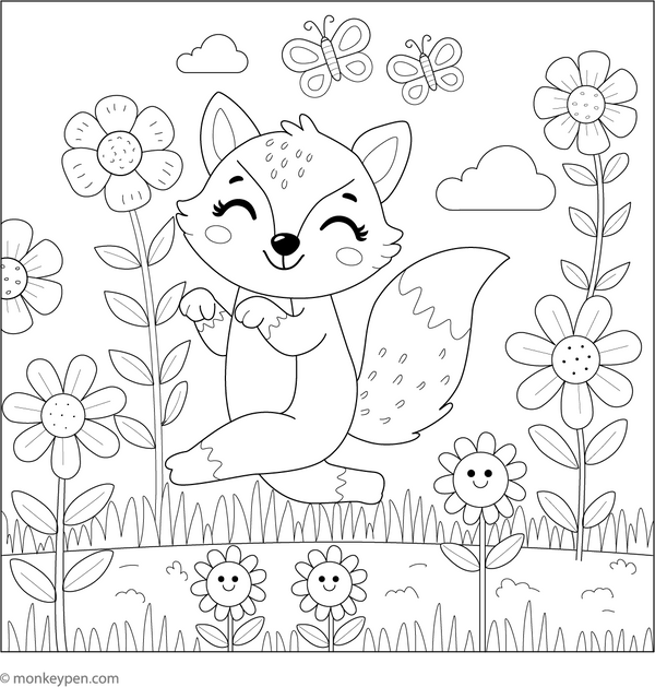 Fox and a Field of Flowers coloring page – free printable for kids to color and enjoy